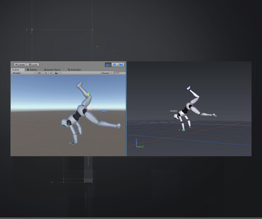 A side by side image of the pn robot doing a cartwheel in axis studio motion capture software and the unity display