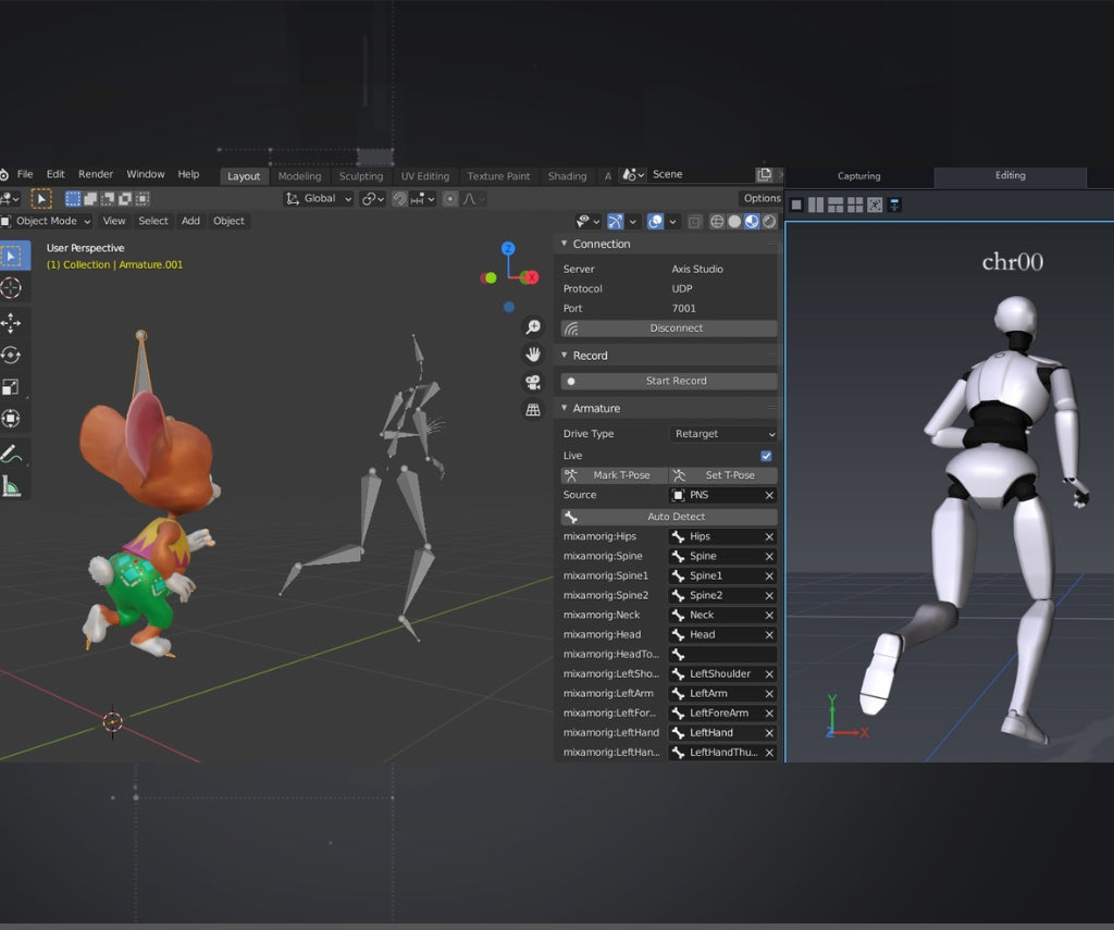 3D character inside blender software being driven by perception neuron mocap through the axis studio motion capture software