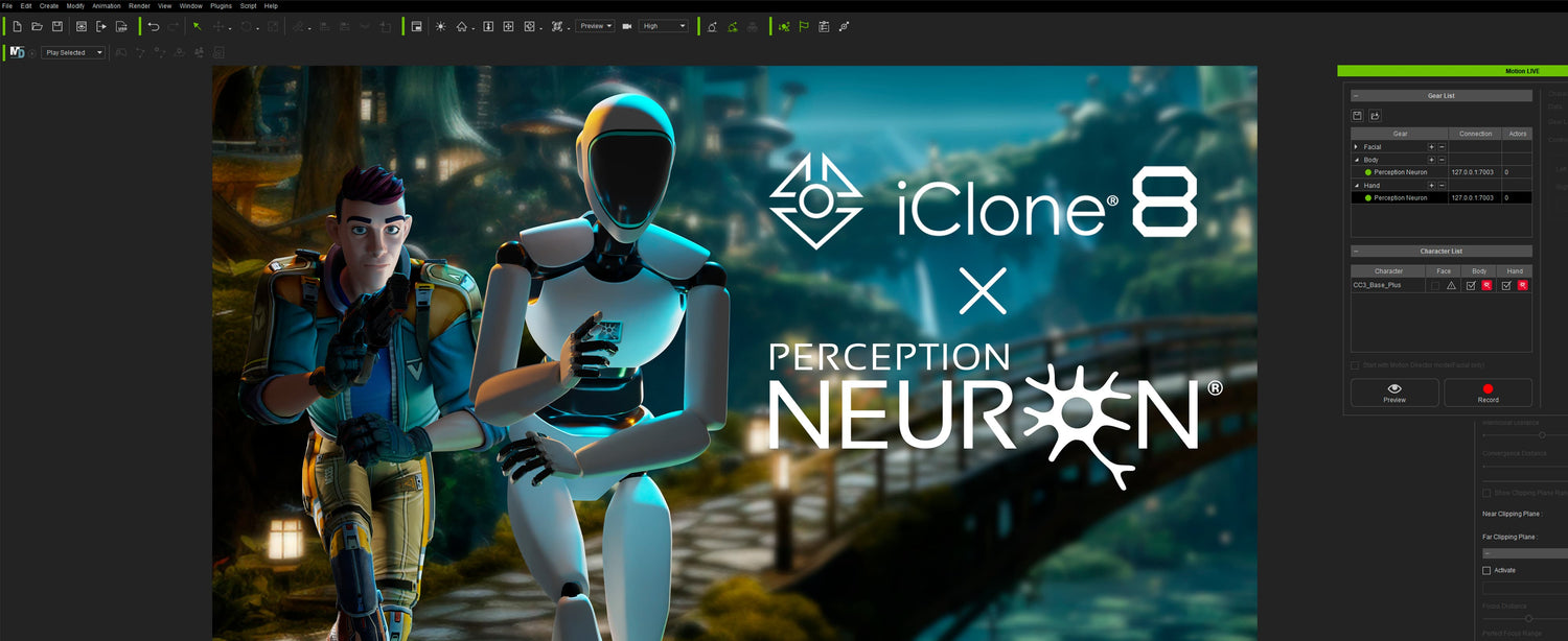 perception neuron iclone integration banner showcasing the pn robot and an iclone 3d model