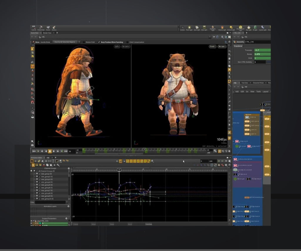 A screenshot of 3d software Houdini  showcasing a 3d model being animated via motion capture using perception neuron mocap