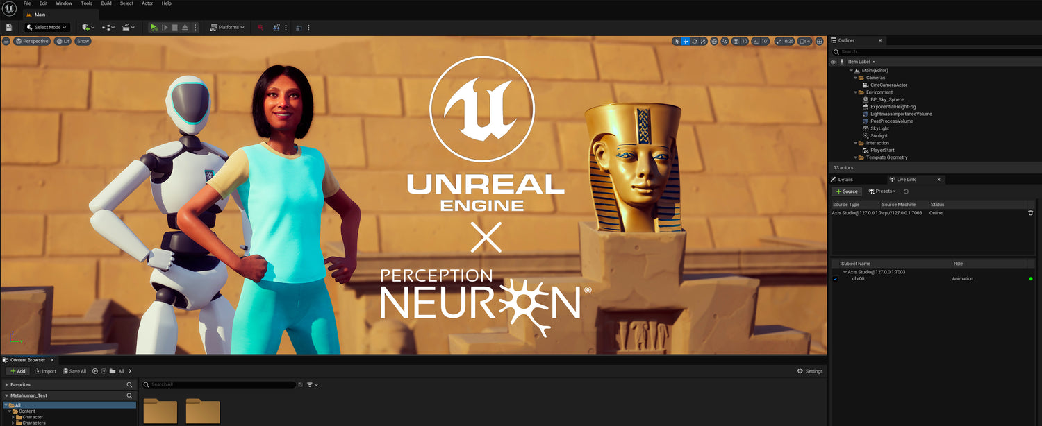 the perception neuron robot in front of an egyption 3d model inside of Epic Games unreal engine modeling software