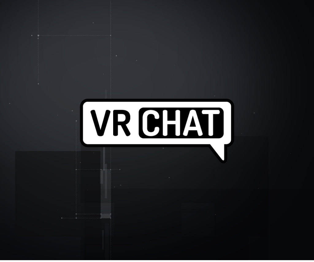 vrchat logo in front of a technologic dark background